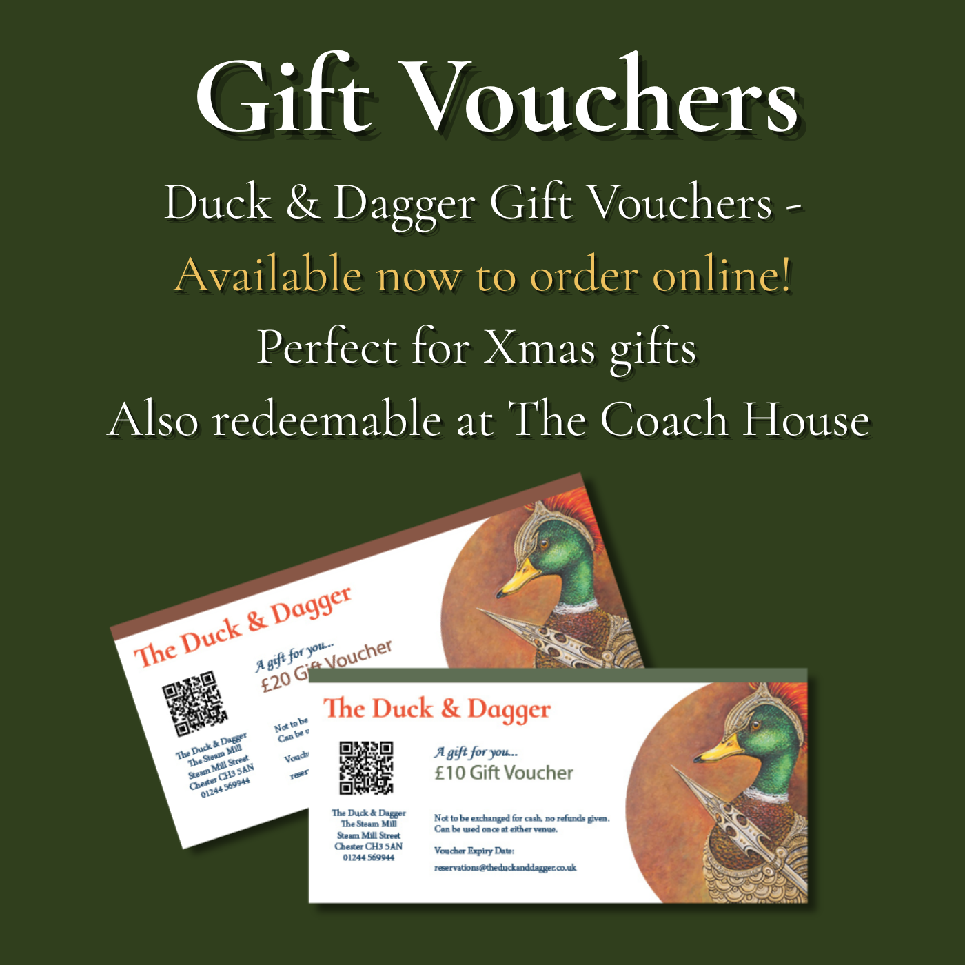 Duck website images - vouchers Duck & Dagger gift vouchers – perfect Christmas present in Chester