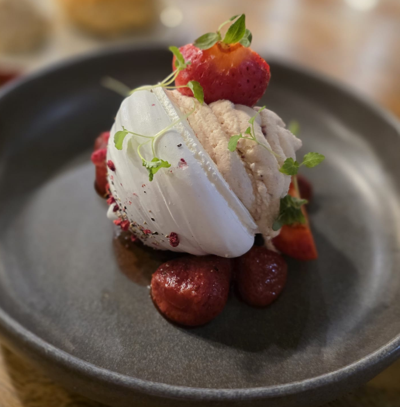 Roast Strawberry, White Chocolate and Black Pepper Pavlova 